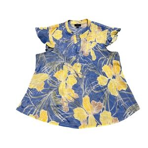 Cocomo Women's XL Blue Yellow Floral Print Cap Sleeve Button Up Shirt Top